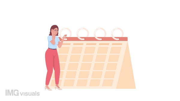 Animated irregular periods concept. Looped 2D cartoon flat character on white with alpha channel transparency for web design. HD video footage. Anxious young woman creative idea animation