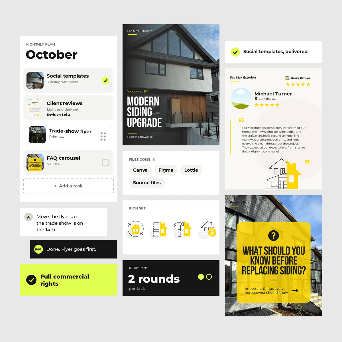 Custom visual identity system showcase: social media templates, marketing flyers, icon sets, and design collateral for Pro Max Exteriors