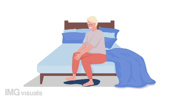 Animated character with knee pain. Leg injury. Muscle aches. Full body flat person on white background with alpha channel transparency. Colorful cartoon style HD video footage for animation