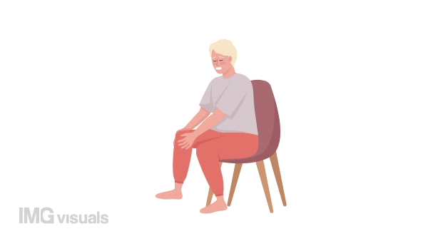 Animated character with knee ache. Young man with bone cramps. Full body flat person on white background with alpha channel transparency. Colorful cartoon style HD video footage for animation