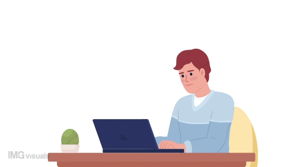 Animated man typing on laptop. Freelance work at home. Freelancer, writer career. Flat character animation white background with alpha channel transparency. Color cartoon style 4K video footage