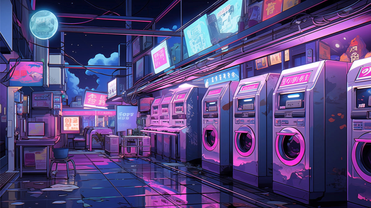 Laundromat under moonlit sky ai generated 2D cartoon illustration. Washing machines in calm of night lofi wallpaper background lo-fi art. Cityscape peaceful laundrette flat image cozy chill vibe