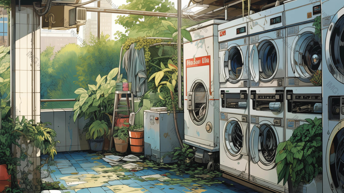 Laundry machines in sunlit room with lush plants ai generated 2D cartoon illustration. Cozy laundromat lofi wallpaper background lo-fi art. Urban oasis. Greenery adorned laundrette flat image
