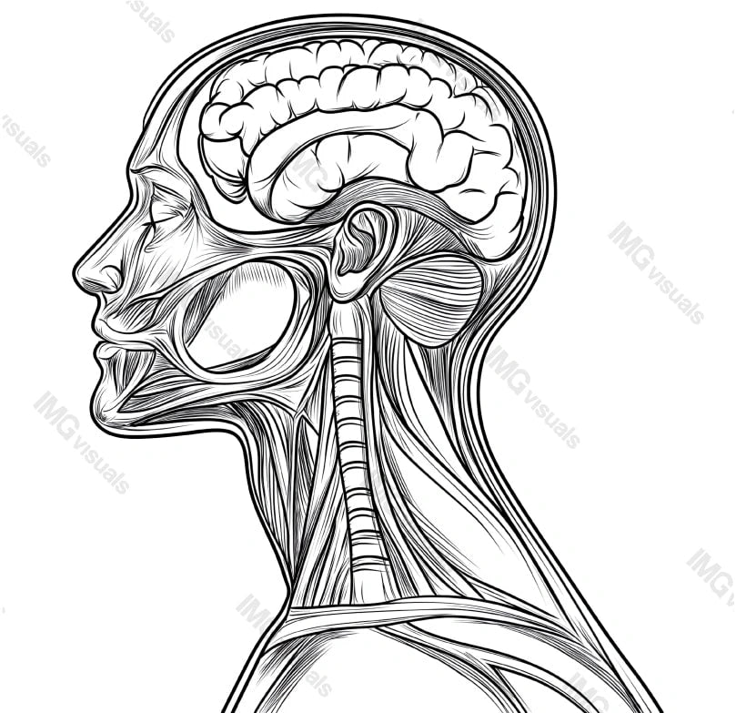 Line art anatomy of human head transparent image, ai generated. Lineart anatomical brain, spinal cord, muscle structure isolated cutout. Medical side profile cut out clipart design element png