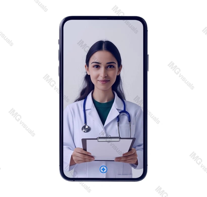 Live video call with female doctor smartphone screen image isolated transparent, ai generated. Telemedicine, virtual medical consultation cut out photo png. Remote healthcare cutout photography