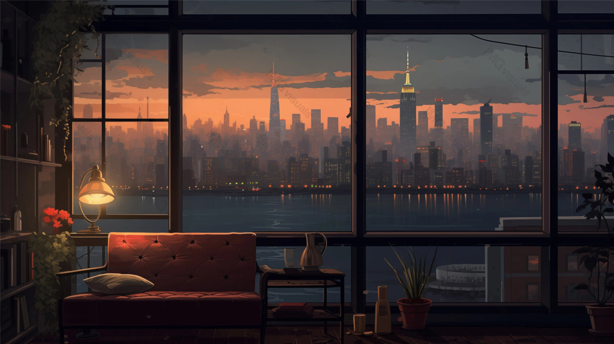 Living room with view of sunset over waterfront skyscrapers ai generated 2D cartoon illustration. Warm ambiance evening lofi wallpaper background lo-fi art. Dusk horizon flat image cozy chill vibe