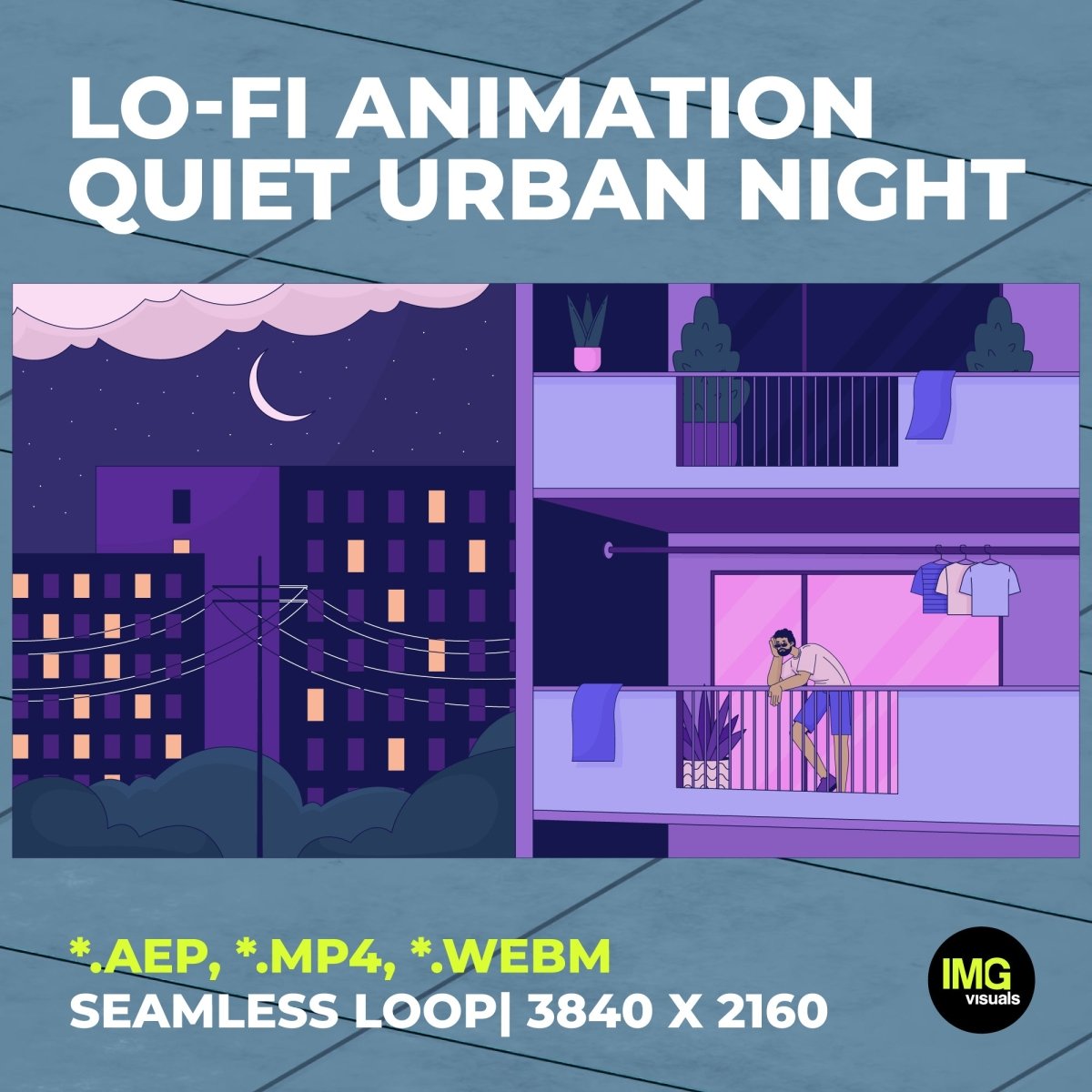 Lofi Animation Quiet Urban Night | Black Man on Balcony Under Moonlight | Lo-Fi Loop Video for Stream, YouTube, Twitch, OBS | Live Wallpaper