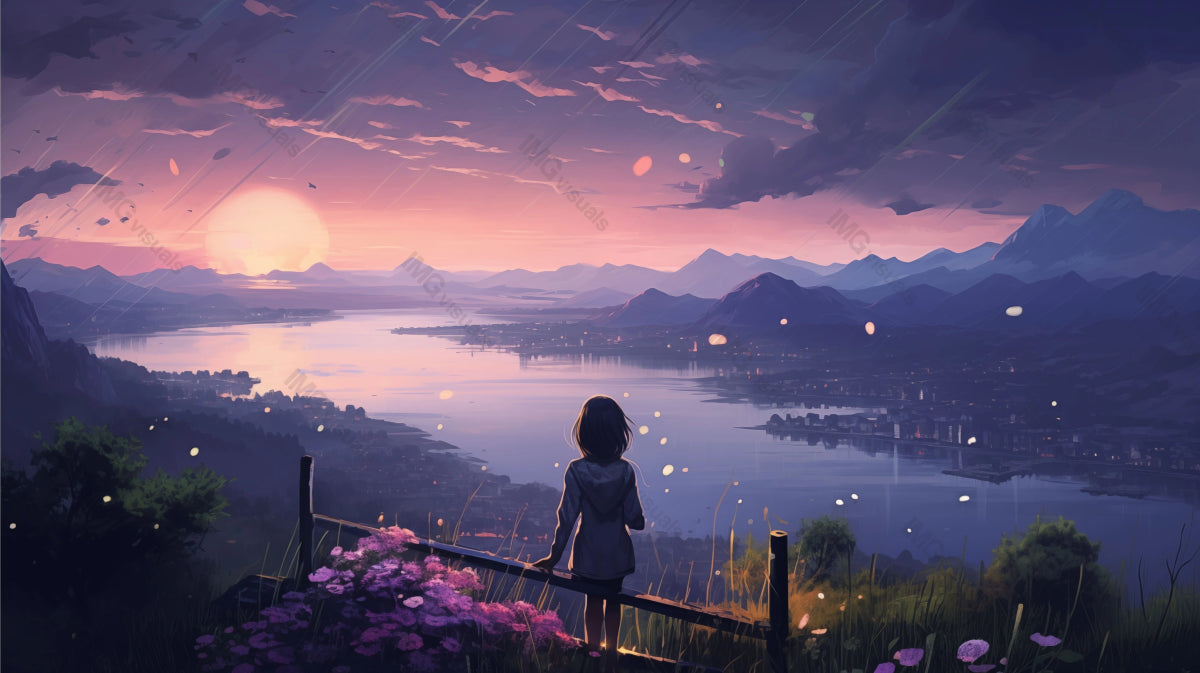 Lonely girl overlooks serene lake at sunset ai generated 2D cartoon illustration. Blooming flowers, distant mountains lofi wallpaper background lo-fi art. Solitary figure flat image cozy chill vibe