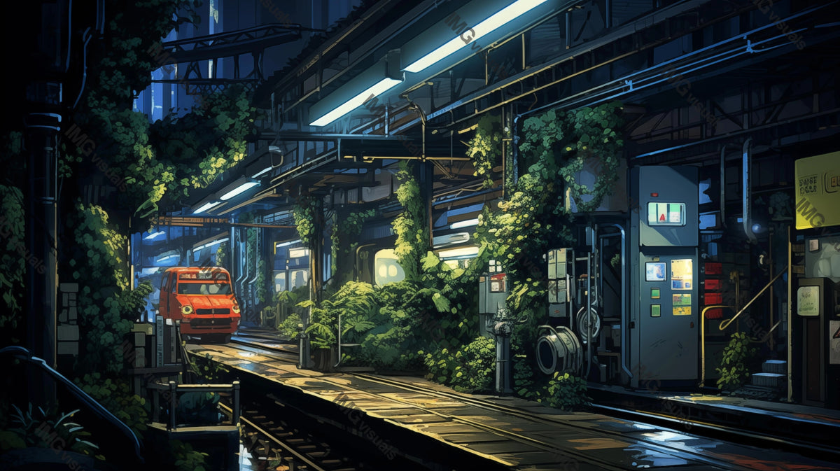 Lush green train station lit by fluorescent lights ai generated 2D cartoon illustration. Evening transit lofi wallpaper background lo-fi art. Platform solitude. City night flat image cozy chill vibe