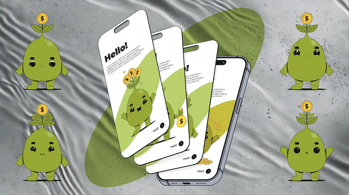 Money tree mascot in four poses and FinTech app onboarding screens with the character, by IMG Visuals