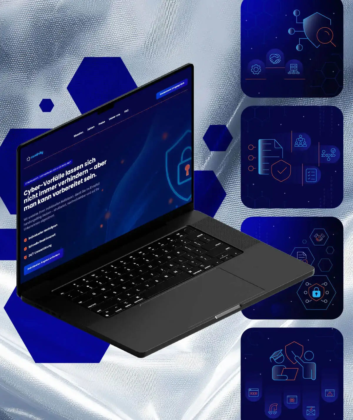 Cybersecurity website on a laptop with custom shield illustration and a matching set of blue line icons, designed as one visual system by IMG Visuals