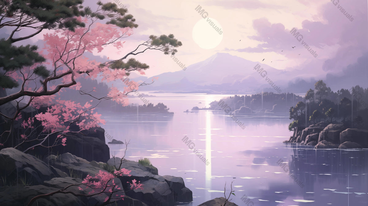 Majestic landscape with tranquil lake ai generated 2D cartoon illustration. Mountain backdrop. Lakeside dawn. Blooming branches lofi wallpaper background lo-fi art. Morning silence flat image