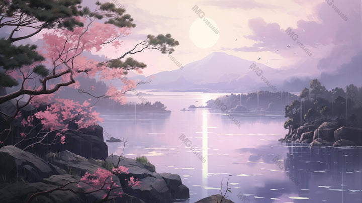 Majestic landscape with tranquil lake ai generated 2D cartoon illustration. Mountain backdrop. Lakeside dawn. Blooming branches lofi wallpaper background lo-fi art. Morning silence flat image