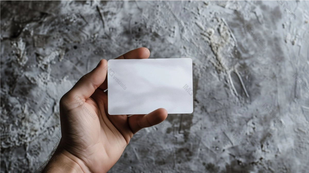 Male hand holding business card mockup against textured rough background, ai generated. Businesscard template advertising image. Creative branding. Professional mock up product photorealistic