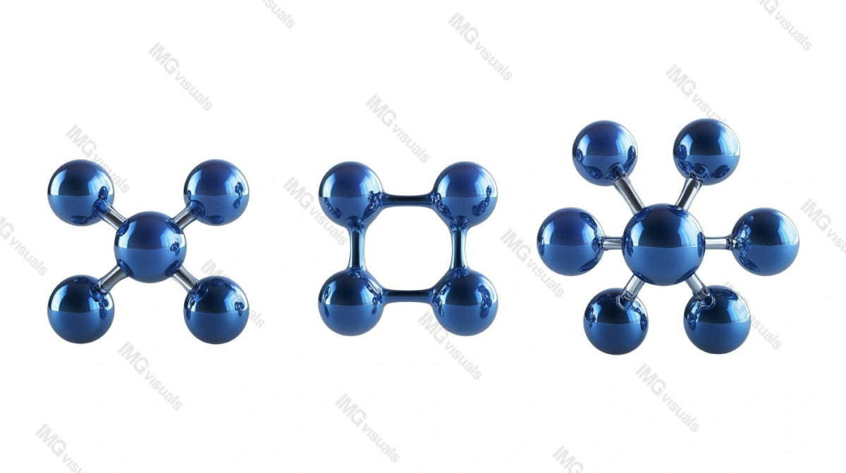 Metallic blue molecular structure models transparent image set, ai generated. Atomic bonding formations isolated cutouts 3d render. Chemistry, physics cut outs cliparts design elements png collection