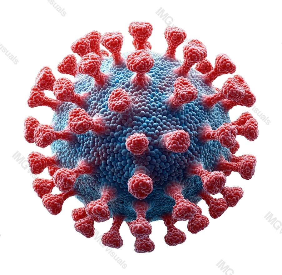 Microscopic virus with blue core and pink spike proteins transparent image, ai generated. Infectious agent isolated cutout 3d render. Scientific visualization cut out clipart design element png