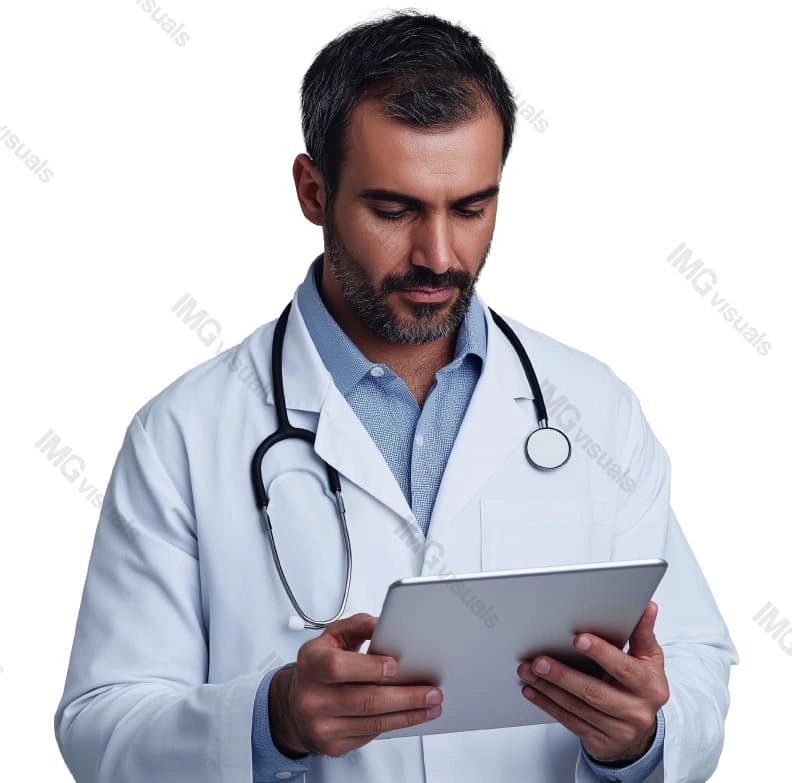 Middle aged male doctor analyzing digital records image isolated transparent, ai generated. Stethoscope medic concentrating on tablet cut out photo png. Healthcare provider cutout photography
