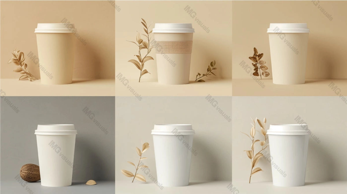 Minimalist arrangement of six coffee cups mockup paired with dried plant, ai generated. Beige to gray coffeecups template advertising image. Takeaway beverages mock up products photorealistic