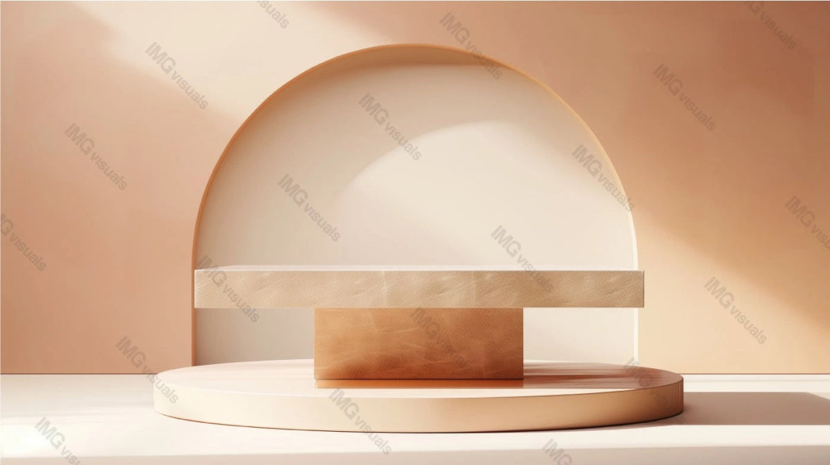 Minimalist pedestal podium mockup against soft peach backdrop with archway, ai generated. Bathed in natural light showcase background. Smooth textures, elegant simplicity presentation product design