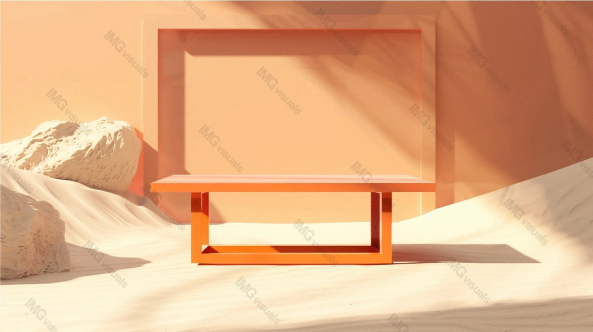 Minimalist scene with orange rectangular table against peach colored wall, ai generated. Sunlit sand and textured rocks. Empty showcase background. Branding presentation product display design
