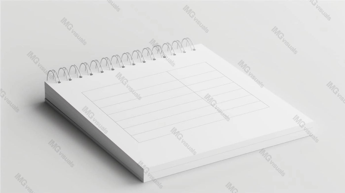 Minimalist spiral-bound notebook mockup lies flat on white surface, ai generated. Grid layout on page template advertising image. Organizing tasks, planning notepad mock up product photorealistic