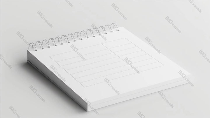 Minimalist spiral-bound notebook mockup lies flat on white surface, ai generated. Grid layout on page template advertising image. Organizing tasks, planning notepad mock up product photorealistic