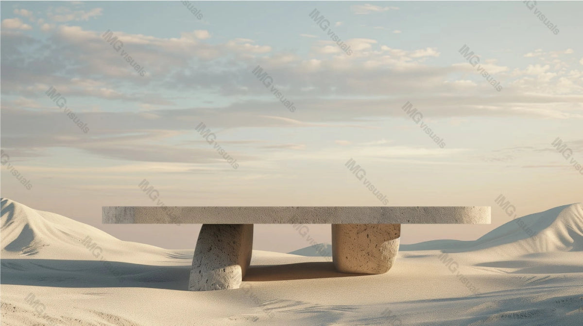 Minimalist stone table with flat rectangular top and two sturdy legs, ai generated. Sand dunes under soft clouds sky. Empty showcase background. Branding presentation product display design