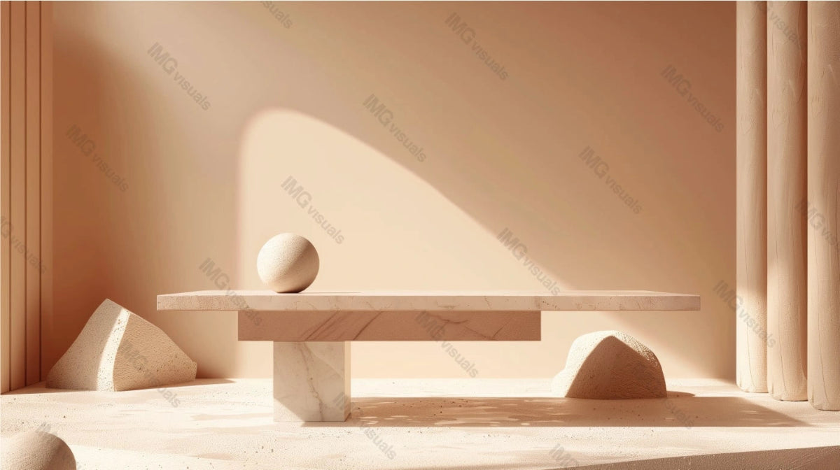 Minimalist stone table with smooth rectangular top in warm peach color, ai generated. Balanced atmosphere. Soft light gentle shadow. Showcase background. Branding presentation product display design