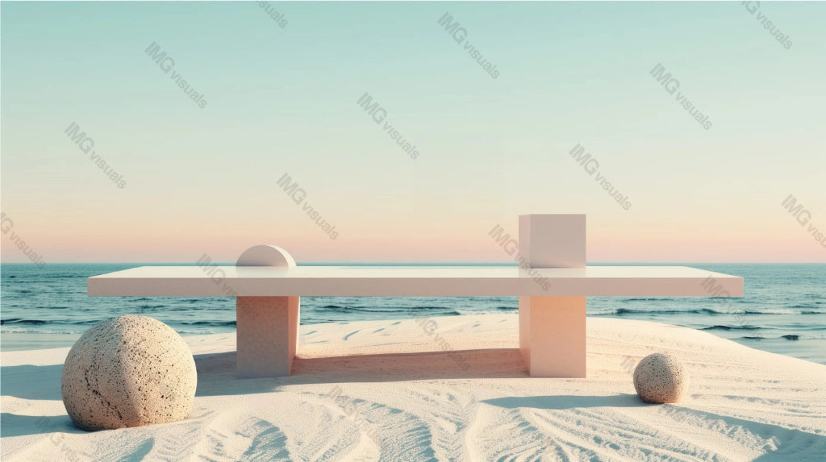 Minimalist table on beach with geometric shapes and tranquil seascape, ai generated. Soft colors, gentle waves. Peaceful ambiance. Showcase background. Branding presentation product display design
