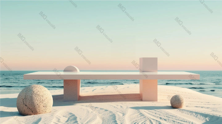 Minimalist table on beach with geometric shapes and tranquil seascape, ai generated. Soft colors, gentle waves. Peaceful ambiance. Showcase background. Branding presentation product display design