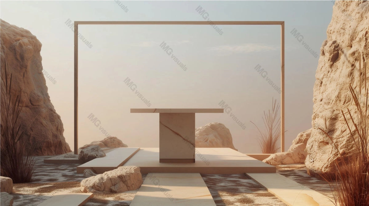 Minimalist table with marble base and top, against desert inspired landscape, ai generated. Rocky surroundings and clear sky. Empty showcase background. Branding presentation product display design