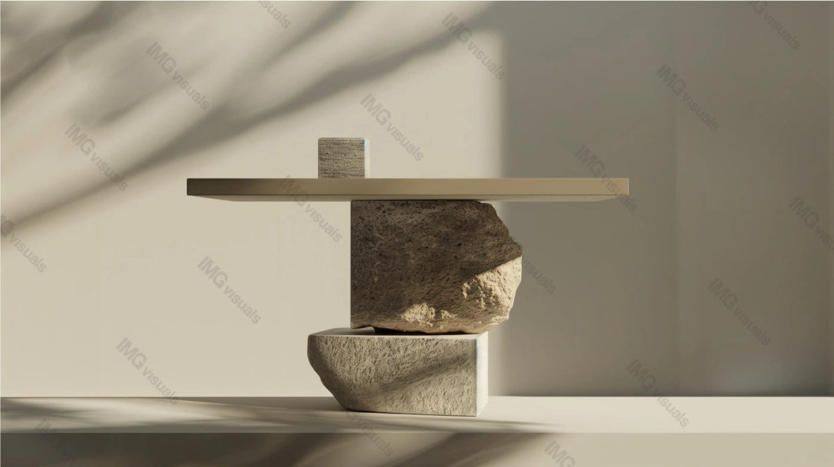 Minimalist table with rectangular top and base made of stacked stone blocks, ai generated. Neutral backdrop with soft diffused lighting. Empty showcase background. Branding presentation display design