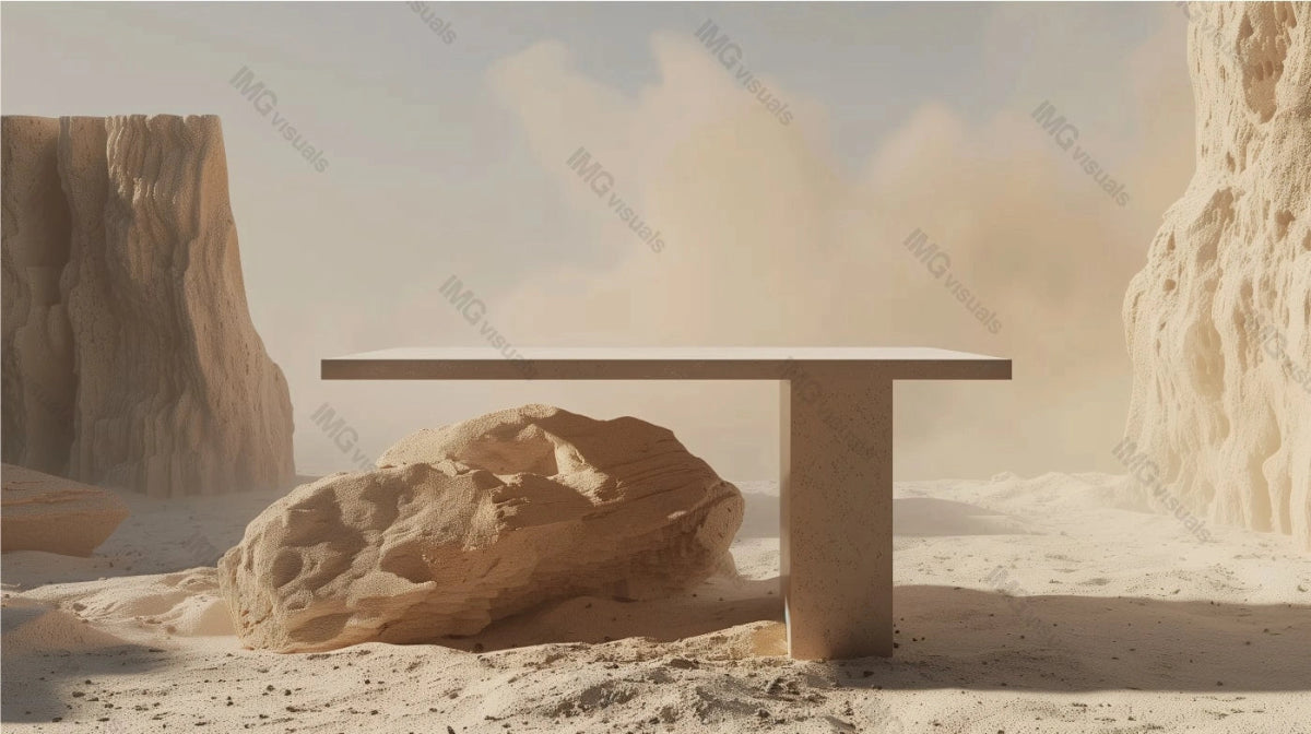 Modern minimalist table platform in rocky deserted environment, ai generated. Towering rock formations and sandy textures. Empty showcase background. Branding presentation product display design