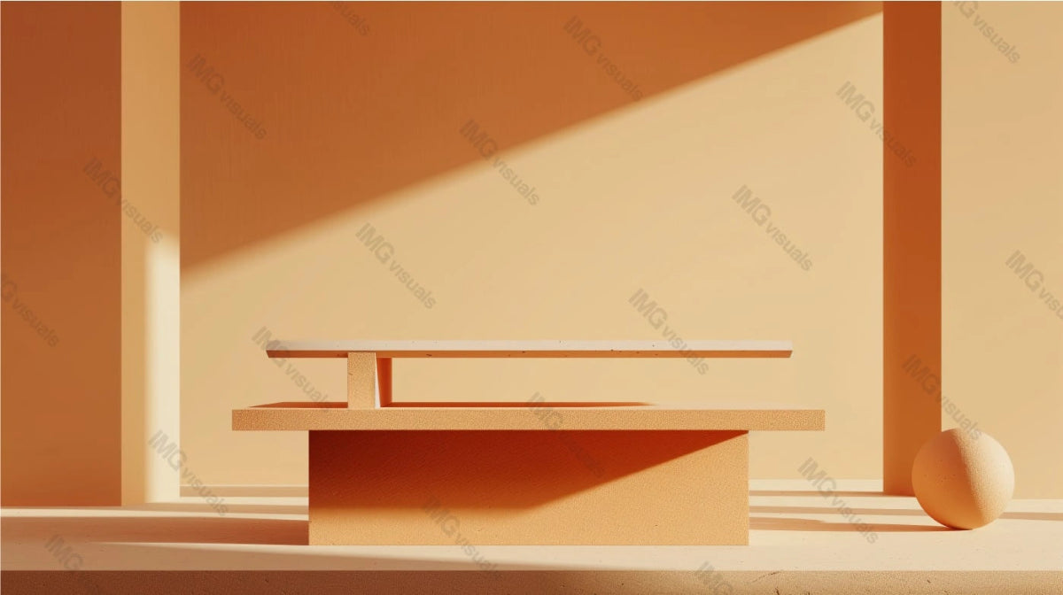 Modern minimalist table podium against warm sunlit background, ai generated. Simple geometric design. Light and shadow. Empty showcase background. Branding presentation product display design