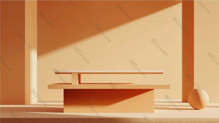 Modern minimalist table podium against warm sunlit background, ai generated. Simple geometric design. Light and shadow. Empty showcase background. Branding presentation product display design