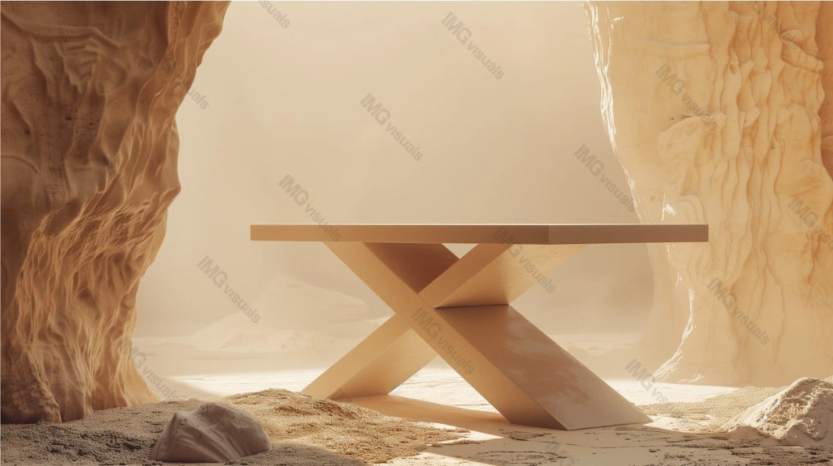 Modern minimalist table with x-shaped base mockup in sand rocky textures, ai generated. Natural and tranquil atmosphere. Soft, warm lighting. Empty showcase background. Presentation display design