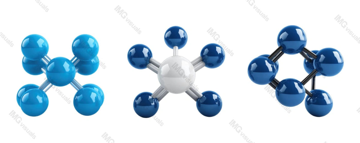 Molecular bonding models transparent image set, ai generated. Physics, chemistry, nanotechnology isolated cutouts 3d render. Particle connection cut outs cliparts design elements png collection