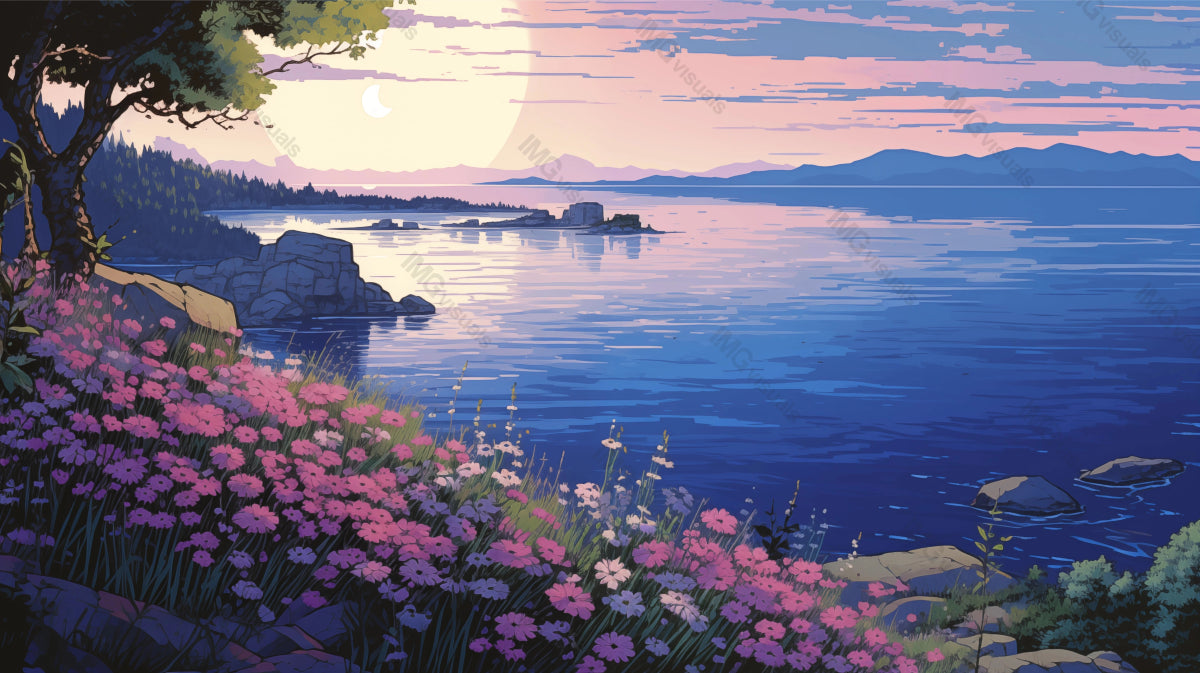 Moonrise over calm lake with pink flowers ai generated 2D cartoon illustration. Distant mountains silhouetted against twilight sky lofi wallpaper background lo-fi art. Lakeside flora flat image