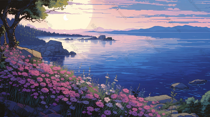 Moonrise over calm lake with pink flowers ai generated 2D cartoon illustration. Distant mountains silhouetted against twilight sky lofi wallpaper background lo-fi art. Lakeside flora flat image