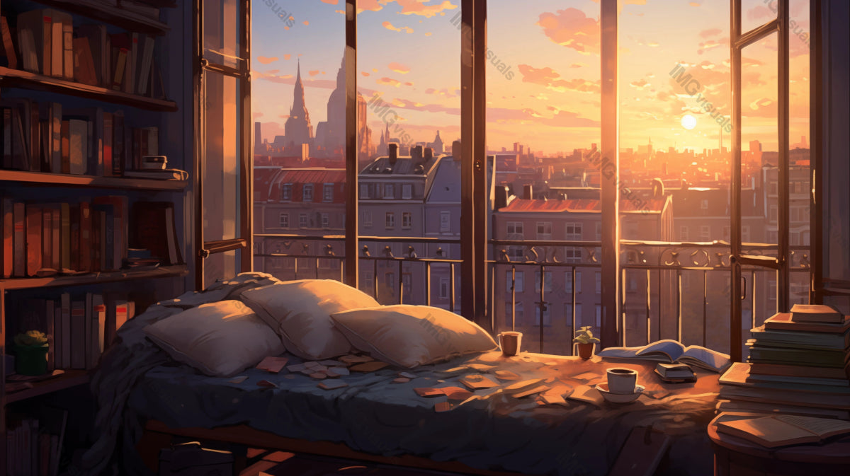 Morning sun floods comfy bedroom with city rooftops view ai generated 2D cartoon illustration. Sunrise cityscape lofi wallpaper background lo-fi art. Dawn light on bed flat image cozy chill vibe