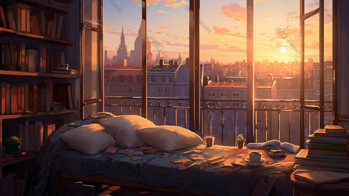 Morning sun floods comfy bedroom with city rooftops view ai generated 2D cartoon illustration. Sunrise cityscape lofi wallpaper background lo-fi art. Dawn light on bed flat image cozy chill vibe