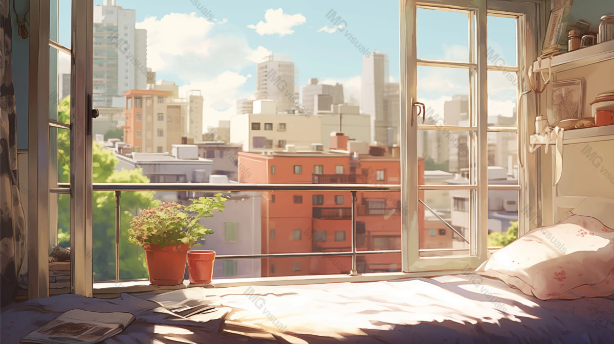 Morning sunlight streams into cozy room ai generated 2D cartoon illustration. Open window view cityscape lofi wallpaper background lo-fi art. Bed balcony. Serene bedroom flat image cozy chill vibe