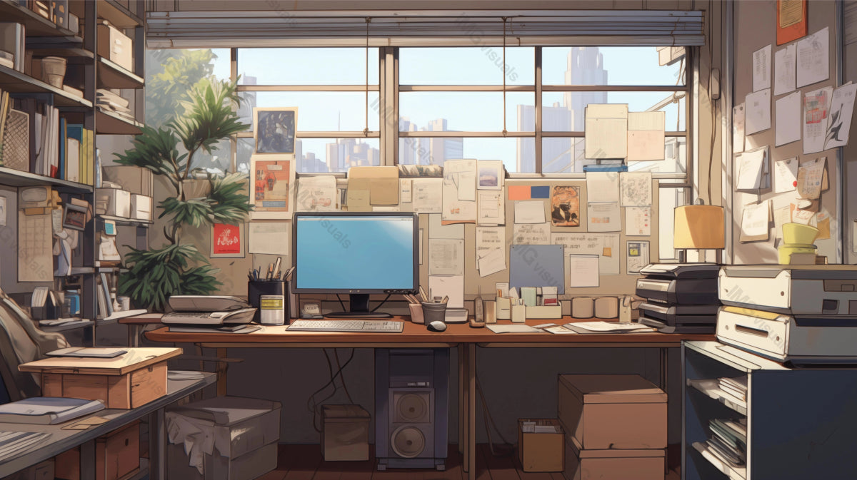 Natural light floods well-organized office ai generated 2D cartoon illustration. City buildings backdrop. Workspace comfort lofi wallpaper background lo-fi art. Sunlit desk flat image cozy chill vibe