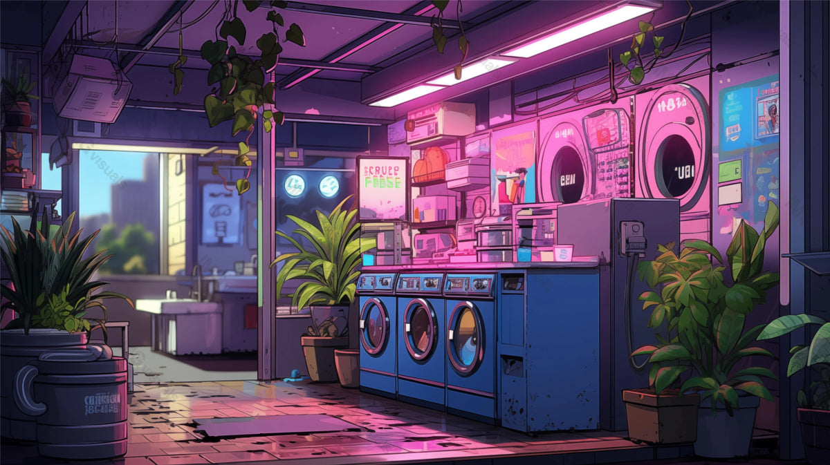 Neighborhood launderette with cityscape daybreak ai generated 2D cartoon illustration. Illuminated neon interior laundry lofi wallpaper background lo-fi art. Quiet laundromat flat image chill vibe