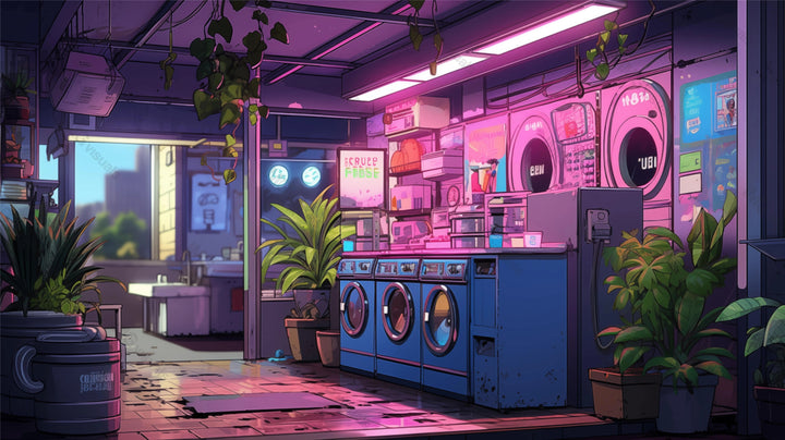 Neighborhood launderette with cityscape daybreak ai generated 2D cartoon illustration. Illuminated neon interior laundry lofi wallpaper background lo-fi art. Quiet laundromat flat image chill vibe