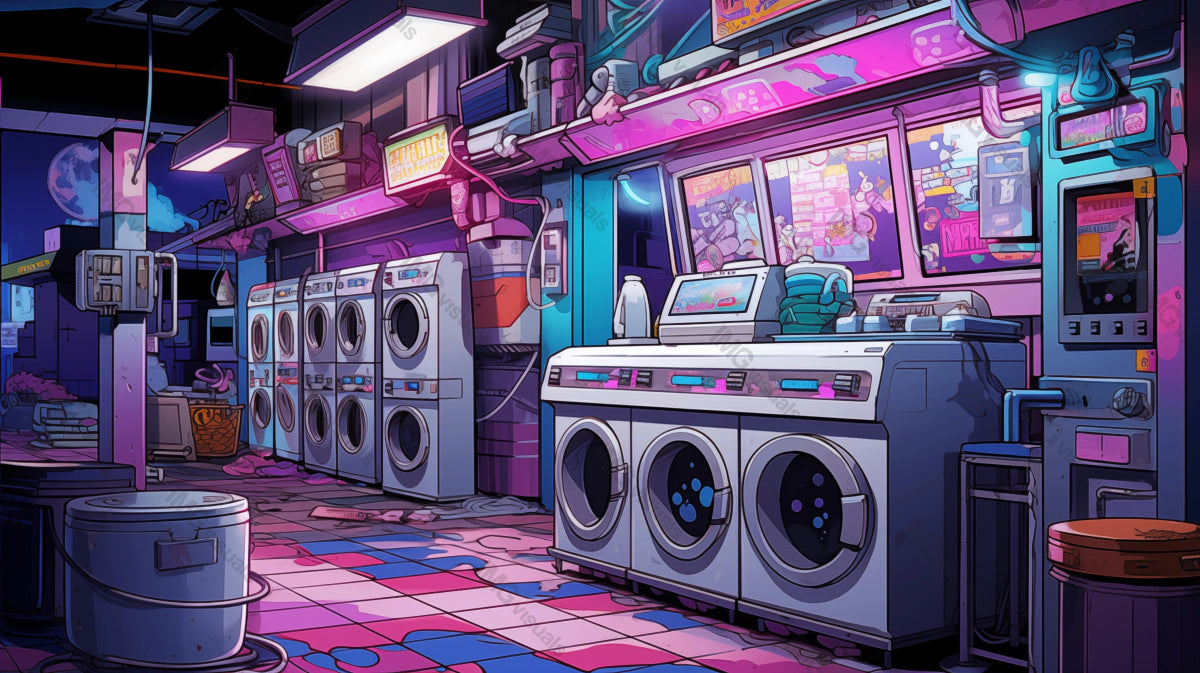 Neon laundromat with electric urban vibe ai generated 2D cartoon illustration. City laundry lofi wallpaper background lo-fi art. Washing machines. Small business. Night routine flat image chill vibe