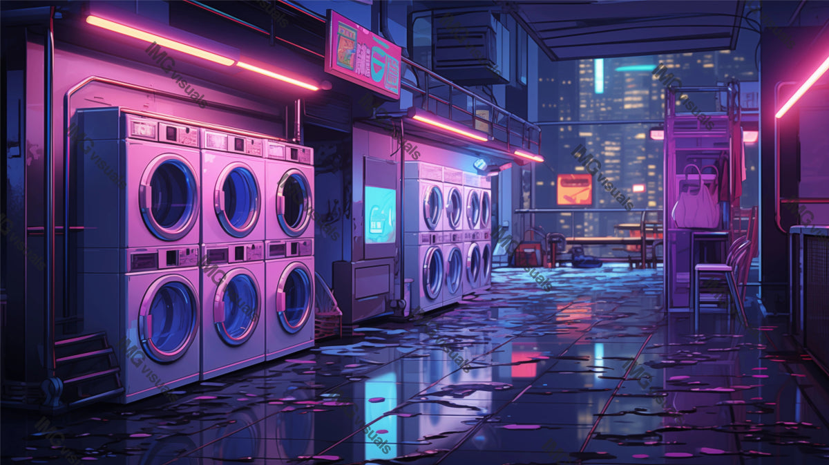 Neon lights cast futuristic glow on laundromat ai generated 2D cartoon illustration. Nighttime city. Urban laundry lofi wallpaper background lo-fi art. Washing machines flat image cozy chill vibe