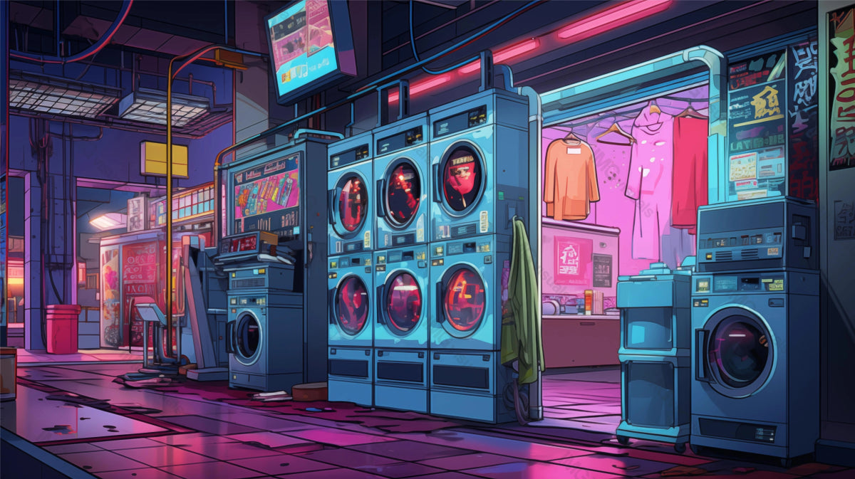 Neon lights enliven laundromat night ai generated 2D cartoon illustration. Vibrant nightlife lofi wallpaper background lo-fi art. Electric ambiance. Laundry night flat image cozy chill vibe