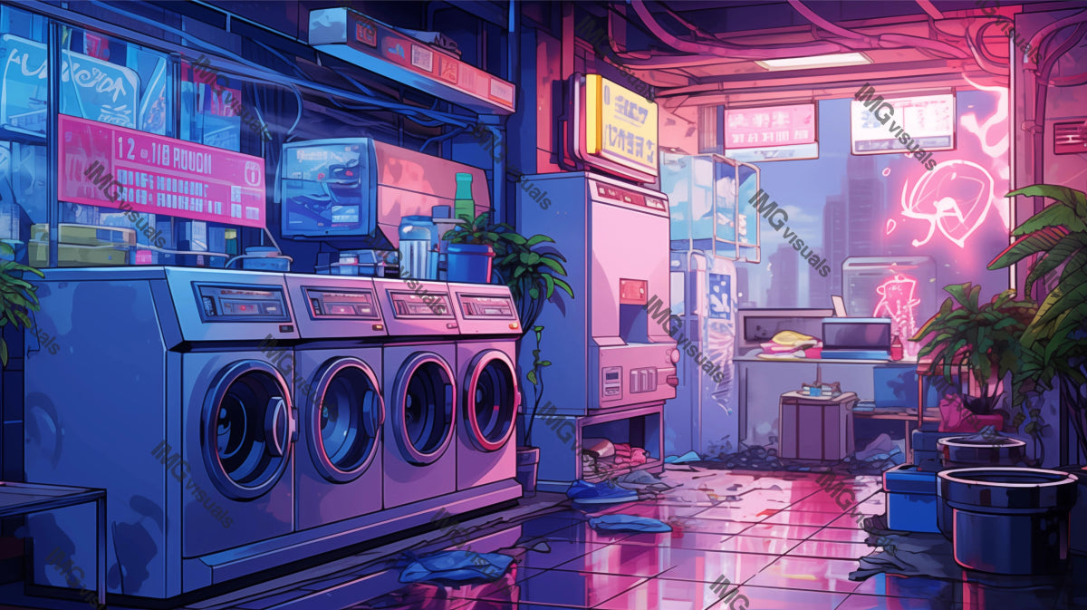 Neon signs flicker in vibrant laundromat ai generated 2D cartoon illustration. City night life lofi wallpaper background lo-fi art. Urban vibrancy. Laundry evening flat image cozy chill vibe