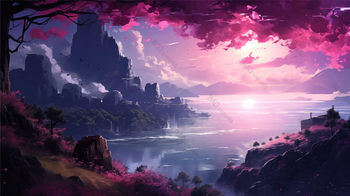 Oceanside coastal cliffs with blooming trees ai generated 2D cartoon illustration. Picturesque morning mountains lofi wallpaper background lo-fi art. Peaceful landscape. Wild nature flat image